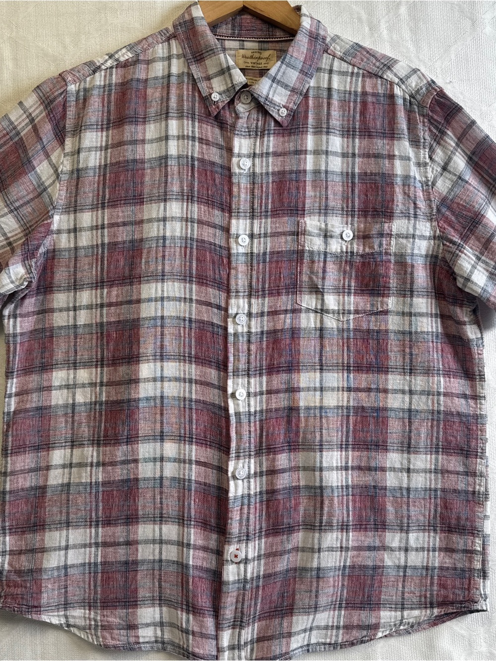 Weatherproof Vintage Linen Cotton Plaid Button Shirt Mens L Short Sleeve Red